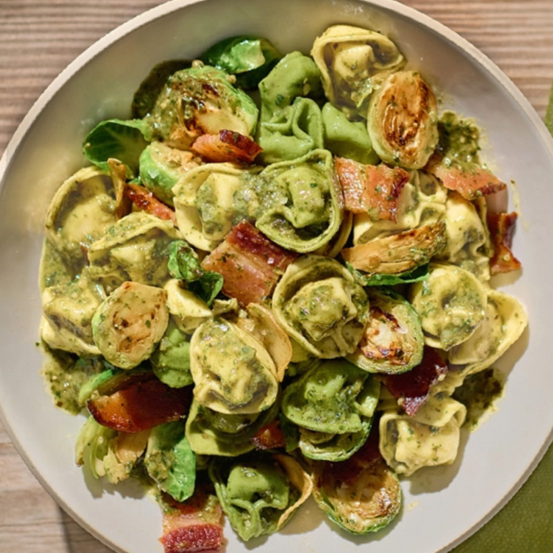Buitoni Three Cheese Tortellini with Roasted Brussels Sprouts, Bacon and Pesto